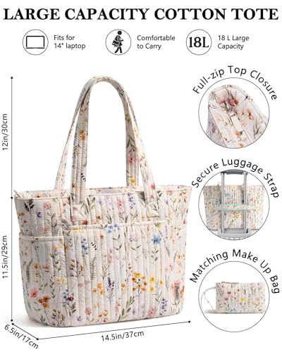 Bagstellar Quilted Tote Bag for Women Teacher Nurse Cotton Laptop Work Tote - color: Wild Flower