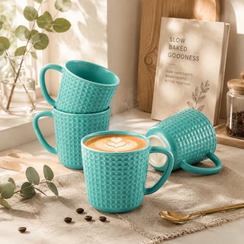15 oz Ceramic Coffee Mugs Set of 4, Waffle Embossed Coffee Mug, Turquoise - color: Turquoise-4PCS