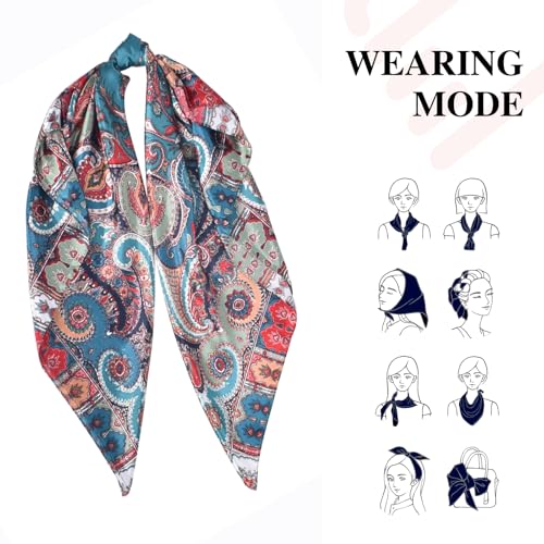 35 Inches Silk Head Scarf-Satin Hair Scarves Silk Bandana Scarf Headscarf for Women's Fashion Scarves - color: Cashews With Buddha-blue