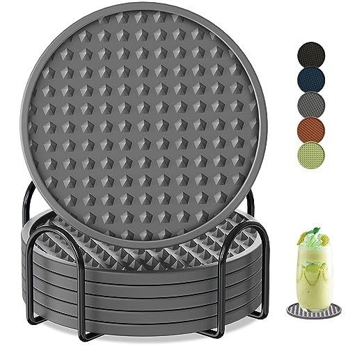 Coasters for Drinks 6 Pack Drinking Coasters with Holder,Heat Resistant Silicone Cup Mat Tabletop Protection,Non-Slip Rubber Coaster for Kinds of Cups (Grey) - color: Gray