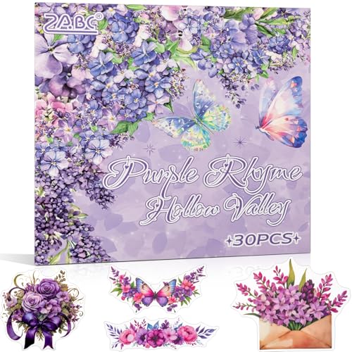Purple Garden Scene Theme Sticker Scrapbooking Supplies for Junk Journal, 30 Sheets PET Stickers - Vintage Journaling Stickers, Ephemera Sticker Book Pre Cut(TZ-005-003) - color: Purple Rhyme