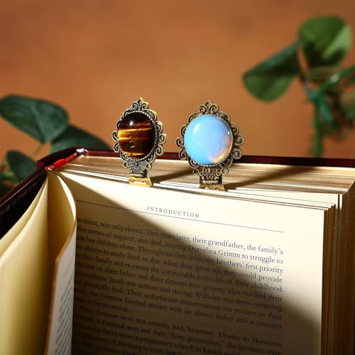 2Pcs Vintage Natural Stone Protein &Tiger Eye Bookmark with Natural Crystal Stone - Fantasy Brass Metal Bookmarks for Reading Women, Men, Book Lovers, Girls and Teachers Book Marks(Tiger Eye&Natural) - color: Yellow Jade&natural Stone Protein