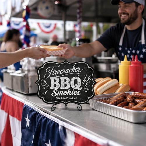 Patriotic BBQ Table Sign for Hot Dog Stand, Wooden Independence Day Food Display with Metal Stand, 5 x 7 Inch Buffet Decor for Restaurant, Food Truck, Cookout - A05 - color: DLR A05