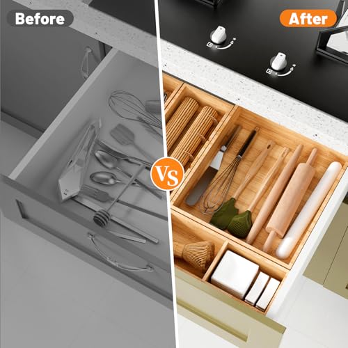Bamboo Drawer Organizer, 5-Piece Stackable Trays with Removable Dividers