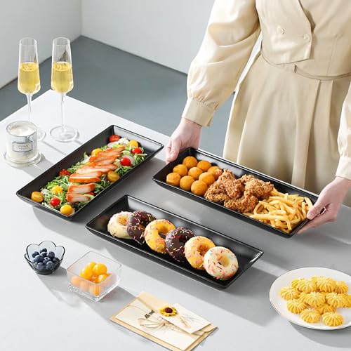 MALACASA 3 Tier Serving Trays for Party, 14 Inch Porcelain Black Trays for Serving Food, Dessert Stand with Collapsible Gold Metal Rack - color: Black Gold, size: 14 Inch