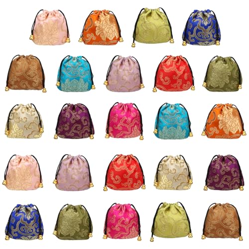 kilofly 24 pc Chinese Silk Brocade Drawstring Jewelry Bag Gift Pouch Value Set - color: Multicoloured