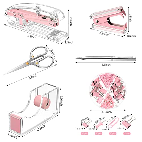 Pink Office Supplies Set Desk Accessory Kit, Acrylic Stapler Set - color: Pink