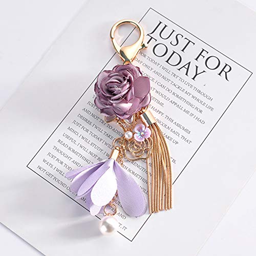 Flower Tassel Keychain Pearl Car Keyring Holder Purse Handbag Pendant - color: Purple