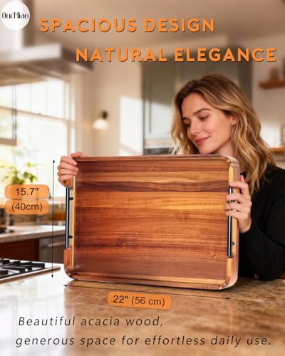 22-in Acacia Wood Ottoman Serving Tray with Handle, Rounded Corner