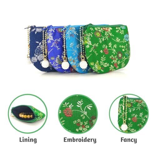 Handmade Women Coin Purse Brocade Zipper Wallet Rosary Pouch Silk Jewelry Bag - Green - color: Green