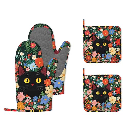 Funny Black Cat Heat-Resistant Silicone Oven Mitts and Pot Holders 4 Piece Set,Flower Field Extra Long Non-Slip Kitchen Oven Gloves for Cooking, Baking, BBQ,Grilling - color: Funny Black Cat Flower Field