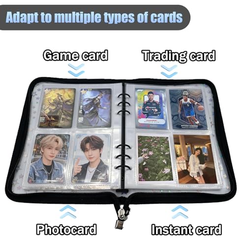 A5 Kpop Photocard Binder Holder with 50 Sheets Double Sided Sleeves for Polaroid Instax Mini Photo Album Zip Book Game Trading Sports Baseball Card Binder 6 Ring 4 Pocket Collector (Black) - color: Black