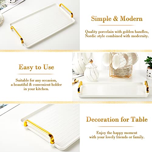 DUJUST Porcelain Serving Tray with Golden Handles, Modern Nordic Style Coffee Table Tray, Beautiful Tea Tray Decor for Living Room, Easy to Use & Clean - color: Golden Handles