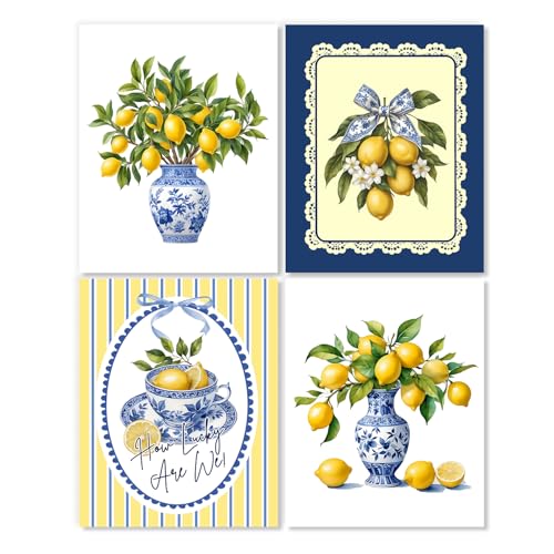 LUKIPOM Chinoiserie Lemon Wall Art Posters Set of 4, Grandmillennial Home Decor, Floral Blue and White Porcelain Lemon Tree Canvas Prints Artwork for Kitchen Wall Decor, 8x10 Unframed - color: Color 009