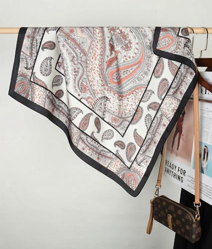 corciova Women’s Square Scarf 27.5 in (70 x 70 cm), Satin-Feel Polyester, Lightweight Fashion Scarf for Hair, Neck and Bag - color: Paisley (Ivory / Blush / Black)