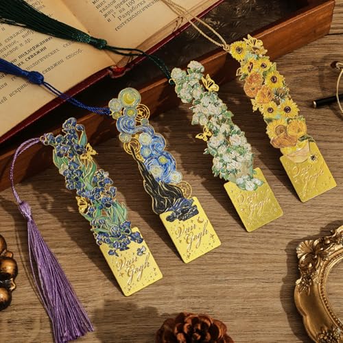 4 Pieces Bookmarks with Tassel, Golden Hollow Metal Bookmark Monet Oil Painting Theme Book Mark for Women Book Lovers Writers Readers Children Teenage Girls, (Flowers Style) - style: 4Pcs Flowers II