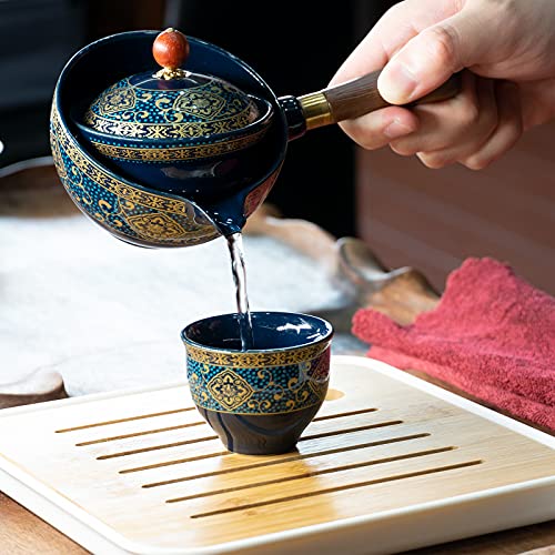 LURRIER Porcelain Chinese Gongfu Tea Set,Portable Teapot Set with 360 Rotation Tea maker and Infuser,Portable All in One Gift Bag for Travel,Home,Gifting,Outdoor and Office (Floral Blue) - color: Floral Blue