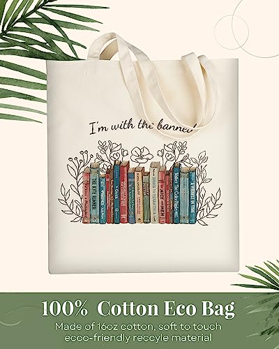 AUSVKAI Canvas Tote Bag Aesthetic Cute For Women College Grocery Bag Cotton Cloth Beach Totes Gift - color: I'm With Banned Book