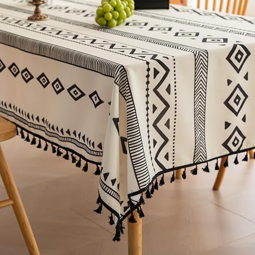 Handblock Print Tablecloth for Square Tables, Black Geometry Table Cover with Fringed Edges, Decorative Tablecloth for Kitchen and Dining Room,59"x 86" - color: Geometry, size: 86" x 59" (Rectangular)
