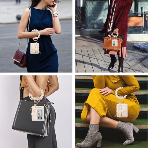 COOLANS Silicone Bracelet Wristlet Wallet Credit Card Holder RFID ID Window Key Ring Tassel Slim Wallet Women Keychain Purse - color: Beige
