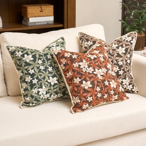 Aeckself Neutral Floral Pillow Cover 18 x 18 Inch, Vintage Chenille Square Throw Pillow Cover Soft Home Decorative Farmhouse Accent Couch Pillow Cover for Living Room Bedroom, Orange - color: Orange, size: 18" x 18" (Pack of 1)