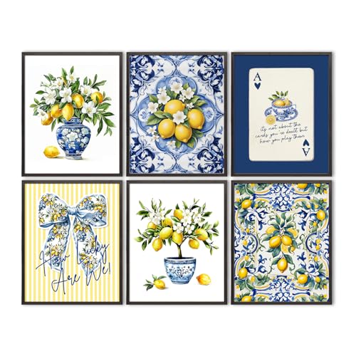 LUKIPOM Chinoiserie Lemon Summer Wall Art Posters 8x10in Set of 6,Amalfi Coast Grandmillennial Home Decor,Blue and White Porcelain Lemon Tree Prints Artwork for Kitchen Wall Decor, Unframed - color: Color 017