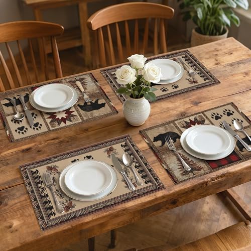 Bear Table Placemats Set of 4 Place Mats Linen Wipeable Placemats Waterproof Rectangle Table Mat for Kitchen Dining Dinner 18 X 12 Inch - color: Bear