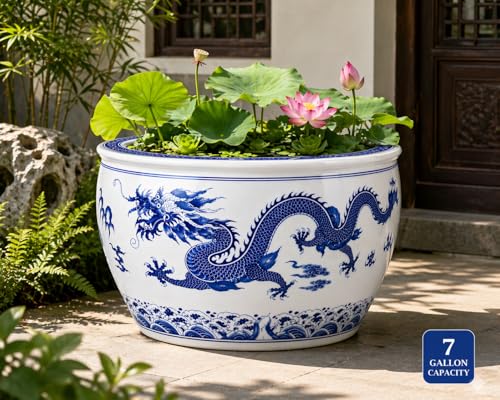 16" Blue and White Two Dragons Playing with a Pearl Fishbowl - color: blue and white