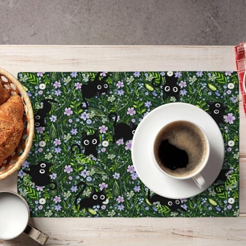 Black Cat Spring Floral Green Placemats Set of 4, Cat Wildflowers Shrub Table Place Mats Linen Washable Heat Resistant Place Mat, Kitchen Dining Restaurant Farmhouse Decoration - color: Green Cat