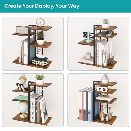 ELITEROO Desktop Shelf Organizer, 4-Tier Wooden Desk Bookshelf, Small Tabletop Book Shelf, Adjustable Display Rack for Home, Office, Dorm, Rustic Brown - color: Brown