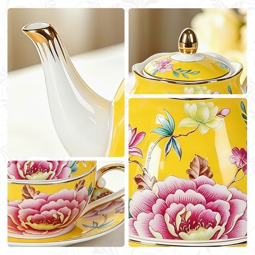 KAMMAK Tea for One Set, Ceramic Teapot, Bone China Tea Set, Cup and Saucer - color: Yellow-GH10