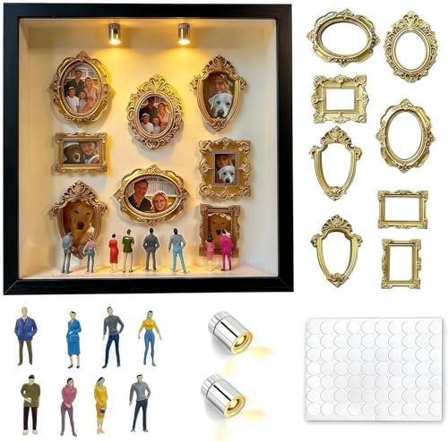 DIY Mini Gold Frames Silhouette Box, Upgrade Shadow Box , 10x10 Inch, with 8 Vintage Gold Mini Frames and 8 Handcrafted Figurines, for Anniversary, Wedding, Birthday and Home Decor (Black) - color: Black