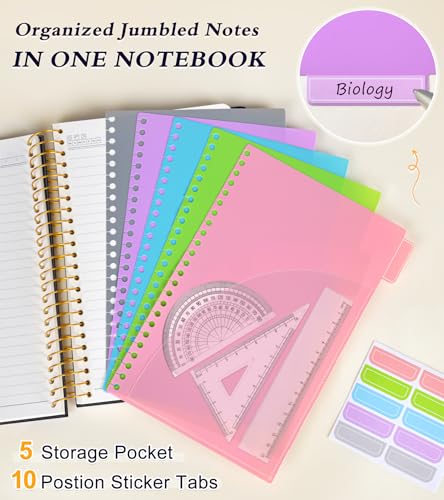 5 Subject Notebook College Ruled 240 Pages, A5(5.8"x8.3") Hardcover Spiral Notebook with Removable Pocket Dividers Tabs, Lined Spiral Journal Notebook for Women, Notebooks for Work School Note taking Black - color: Black, size: A5