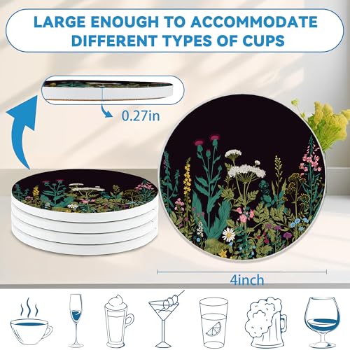 Drinks Coasters Set of 4, Spring Wildflowers Round 4" Cup Coasters, Absorbent Ceramic Stone Coasters with Cork Base, Cute Coasters for Table Home Décor, Ideal Gifts for Women Men - color: Spring Wildflowers