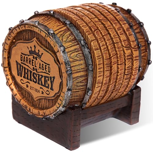 Cabin Obsession Whiskey Barrel Coaster Set – Handcrafted Whiskey Barrel Decor for Whiskey Lovers and Man Cave Gifts for Men - 6 Full Size Whiskey Coasters with Barrel Style Holder for Man Cave Décor - style: Whiskey Coasters