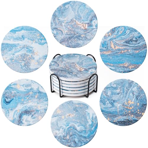 6Pcs Absorbent Coasters Set with Holder,Ceramic Drink Coaster,4 in（A9） - color: Style 9