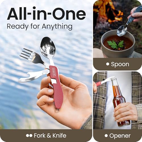 Orblue 4-in-1 Camping Eating Utensils, 2-Pack - Portable Spoon, Fork, Knife & Bottle Opener Combo Set - Stainless Steel Flatware with Detachable Fork - Travel, Backpacking Cutlery Multitool, Red - color: 2-PACK Live Red