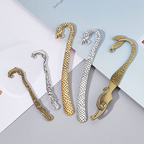 SUNNYCLUE 1 Box 12Pcs Metal Bookmarks Hook Bookmark Vintage Style Alloy Hook Bookmarks Hairpin Carved Mermaid Book Markers Dragon Charm Pendants for Books Lovers Teacher's Day Back to School Gift - color: 12pcs 6 Styles Sea Hook Bookmarks Mixed Color