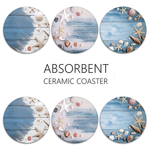 Coasters for Drinks, Set of 6, Ceramic Stone Summer Beach - color: Shell Wooden