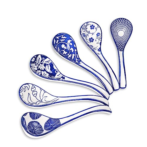 Selamica 6.3 Inch Chinese Soup Spoons, Set of 6, Vintage Blue - size: 6.3 Inch, style: Vintage Blue