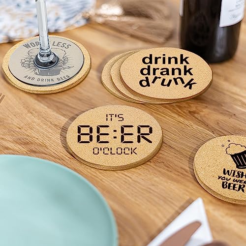 Coasters for Drinks with Holder Set of 6, Absorbent Cork Wood Coaster for Cup Desk Office Table Kitchen Decor House Warming Gifts for New Home Couples, Round 4" - color: Beer