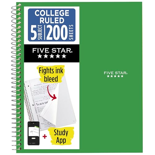 Five Star Spiral Notebook + Study App, 5 Subject, College Ruled Paper, 8.5" x 11", 200 Sheets, Green (Color May Vary) (72079) - color: Green, size: 1 Count (Pack of 1)