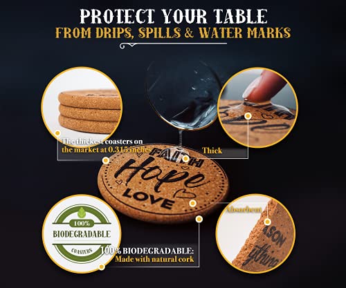 Cork Coasters for Drinks Absorbent with Holder - Cute & Funny Set of 8 Large Round Outdoor Cup Wooden Table Protection, Coffee Trivet, Cups and Mugs Cool Drink Coaster Gift