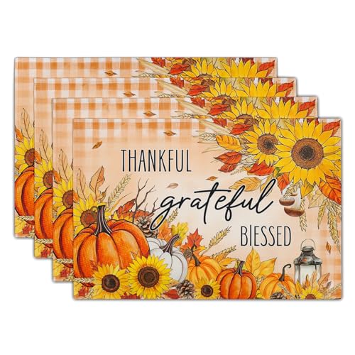 Giwawa Fall Autumn Placemats, Thanksgiving Pumpkin Sunflower Thankful Grateful Blessed Linen Place Table Mats Washable Stain Resistance for Kitchen Dining Tabletop Decor, Set of 4, 12x18Inch - color: Fall Thankful