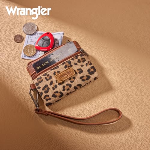 Wrangler Small Wallet for Women Leopard Print Wristlet Wallets Mini Change Pouch Brown - color: Leopard Print Brown