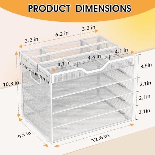 5 Tier Paper Letter Tray Desk Organizer with Pen Holders - White - color: 5 Tier-White, size: 12.5" x 9.1" x 10.3"