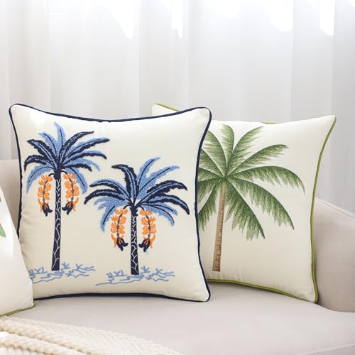 Embroidered Throw Pillow Covers 18x18 Pack of 2 Blue Palm Tree - color: Blue Palm Tree