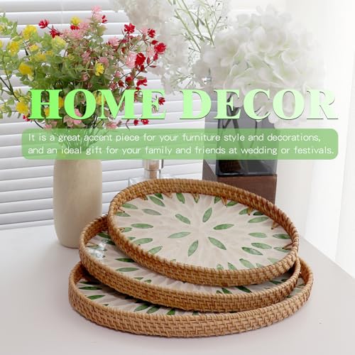 3 Pcs Oval Handwoven Rattan Mother of Pearl Inlay Serving Tray Home Decor