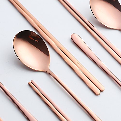 Buyer Star 4 Set Spoon Chopsticks, Rose Gold Reusable Metal Stainless Steel Korean Chopstix Spoon Set - color: rose gold-flat chopstick and spoon