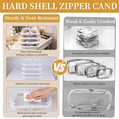 5-Pack Clear Hard Shell Zipper Case With Lids – 3 Large and 2 Small Clear Pencil Case, Stackable,Zipper Pouches Hard Shell for Cosmetics, Charging Cables, Sketch Supplies